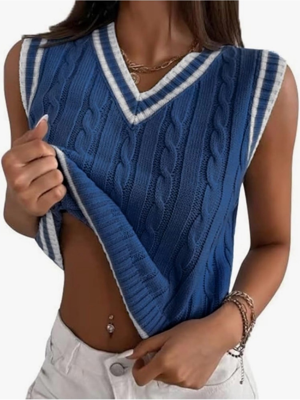Cable Knit V-Neck Pullover Sweater Vest Blue Small